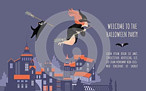 Vector invitation banner for halloween party with cartoon witch and black cat flying over night cityscape