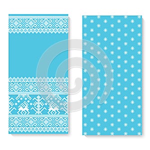 Vector invitation card with folk pattern ornament. Ethnic New Year blue ornament with pine trees and deers.