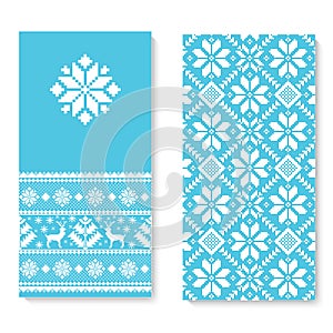 Vector invitation card with folk pattern ornament. Ethnic New Year blue ornament with pine trees and deers.