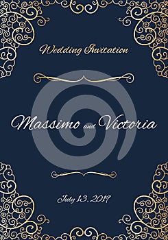 Vector invitation card. Gold design with royal carriage and vintage curls. Save the date.