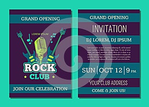 Vector invitation card template opening rock music club with vintage music logo, badge with guitars and microphone