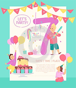 Vector invitation design template for birthday party with bd cake, garlands, pinata, gifts, balloons, big 7 and happy kids charac