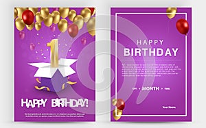 Vector invitation double card for 1th birthday celebration. Template of invitational for print.