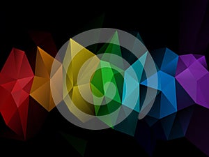 Vector irregular polygon background with a triangle pattern in full color spectrum rainbow on dark - horizontal strip in