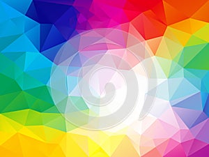 Vector irregular polygon background with a triangle pattern in full color spectrum rainbow - white in the middle