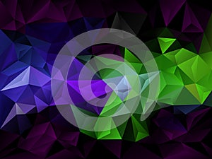 Vector irregular polygon background with a triangle pattern in vibrant green, blue, purple and black color
