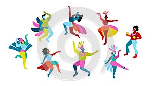 Vector isolated abstract illustrations of funny dancing men and women in bright costumes. Brazil carnival.