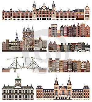 Vector isolated buildings and landmarks of Amsterdam city