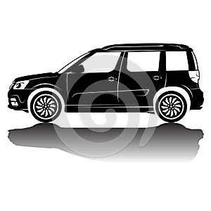 Vector isolated car silhouette image. Black silhouette. Car with reflection