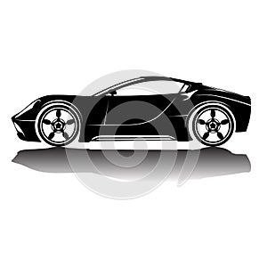 Vector isolated car silhouette image. Black silhouette. Car with reflection