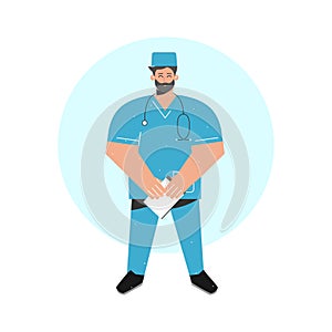 Vector isolated cartoon concept with doctor holding board folder for notes. Happy smiling nurse man is dressed in blue medical