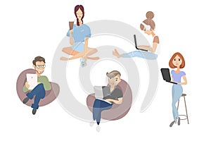 Vector isolated cartoon young creative co working people, Freelancers students. flat style.