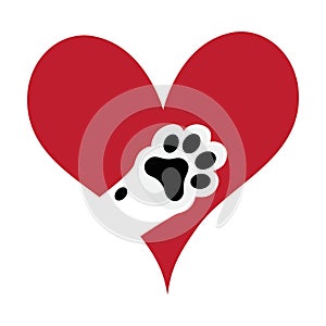 Vector isolated cat paw with black pads inside heart symbol love pets