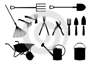 Vector isolated collection of silhouettes of gardening tools