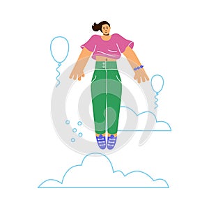 Vector isolated disproportionate character of woman flies in the air with doodle clouds, inspired happy person in free