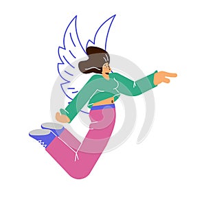 Vector isolated disproportionate character of woman flies in the air with doodle wings, Inspired happy person in free