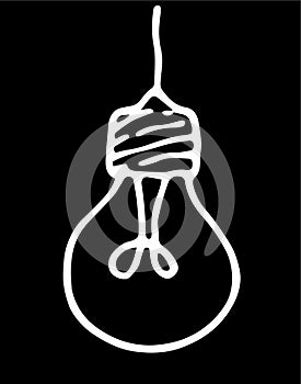 Vector isolated element light bulb with base with slanting lines white outline on black background handmade in doodle style for