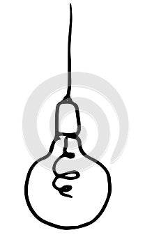 Vector isolated element light bulb with spiral inside black outline on white background doodle style drawing for design template