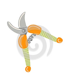 Vector isolated element. Pruner. Garden tools. Gardening. Springtime. Color image on a white background. The print is used for