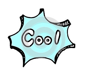 Vector isolated element of a speech bubble in the style of a comic book with a volume and the word COOL on a blue background. hand