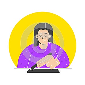 Vector isolated flat concept. Cartoon designer girl draws illustration using graphics tablet and stylus sitting at table.