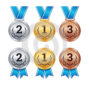 Vector isolated gold, silver and bronze medals, champion prizes,