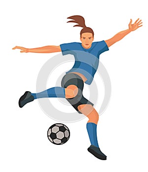 Vector isolated gril figure of women's football player in blue uniform jumping up to kick the ball with her foot