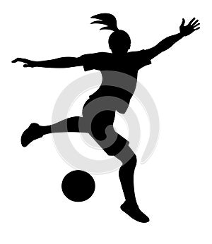 Vector isolated gril silhouette of women's football player jumping up to kick the ball with her foot