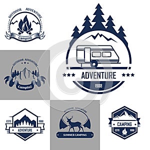 Vector isolated icons of mountain forest, camp tent and fire