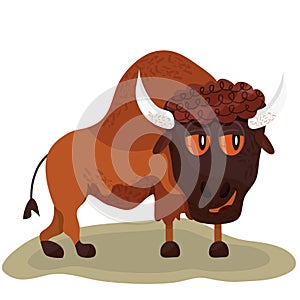 Vector, isolated illustration of a bison. Horns. Fur. Cartoon style of animals