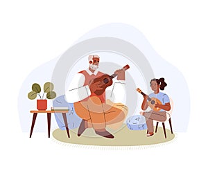 Vector isolated illustration of black gray-haired man with beard teaches to play on ukulele, small guitar little girl in