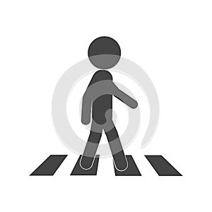 Vector isolated illustration of black and white stick figure walking on a pedestrian crossing, a design of zebra cross street sign