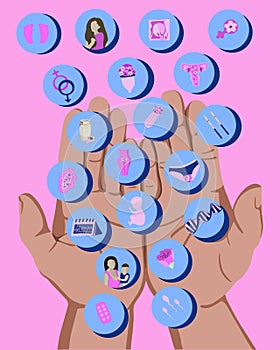 Vector isolated illustration of fertility icons on palms.