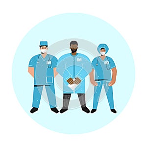 Vector isolated illustration with flat cartoon doctors. Happy smiling international team of paramedics and nurses are dressed in
