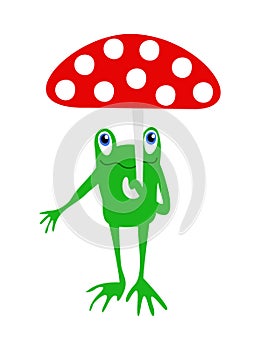 Vector isolated illustration of frog with umbrella in a shape of fly agaric.