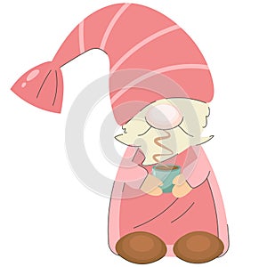 Vector isolated illustration of a gnome holding a cup of coffee. A cute gnome in rocha clothes with a blue mug of hot