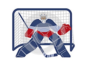 Vector isolated illustration of hockey player, goalie, Cartoon line art goalkeeper protects the gate, Olympic Winter