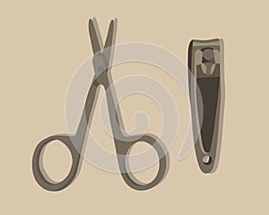 Vector isolated illustration of manicure scissors and tongs. Manicure set