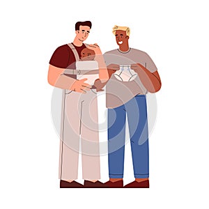 Vector isolated illustration of parents, dark-skinned fathers hold the newborn baby in sling and enjoy, transgender