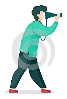 Vector isolated illustration of photographer with photocamera taking photo at white background