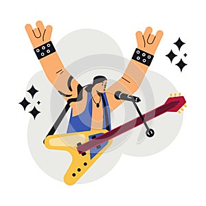 Vector isolated illustration of popular Rock band artist with guitar raised his hands up in disproportionate characters.