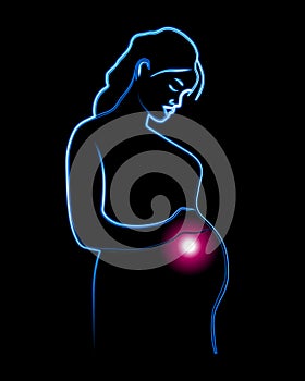 Vector isolated illustration of a pregnant woman. Contour drawing of a pregnant girl with a neon effect