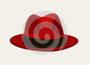 Vector isolated illustration of red fedora hat. Elegant accessory.