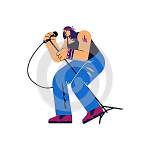 Vector isolated illustration of Rock band characters, vocalist holding microphone and singing rock music, metal band