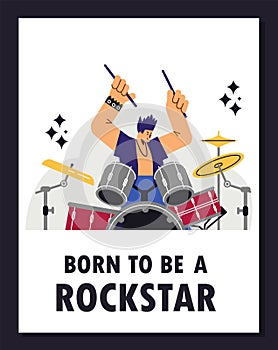 Vector isolated illustration of Rock band drummer raised hands up in disproportionate characters. Born to be a rockstar