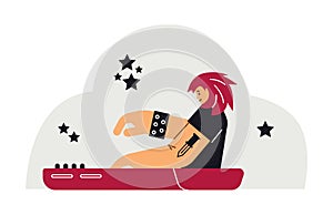 Vector isolated illustration of Rock band musician with red hair playing the piano in disproportionate style
