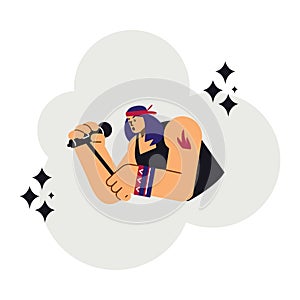 Vector isolated illustration of Rock band vocalist holding microphone and singing rock music, in disproportionate style