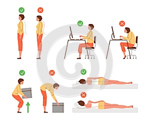 Vector isolated illustration set of correct and incorrect human poses spine, neck. Woman standing, sitting at computer