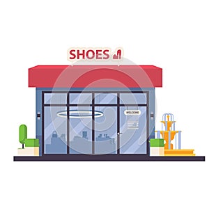 Vector isolated illustration with shoes store front in blue colors. Silhouettes of shoes and bags in window. Flat city scene