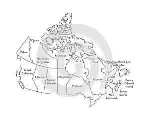 Vector isolated illustration of simplified administrative map of Canada. Borders and names of the regions. Black line silhouettes